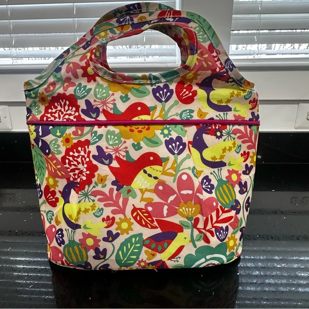Lily Bloom Floral Insulated Lunch Tote Bag - Vibrant Bird & Flower Print - Picture 2 of 13